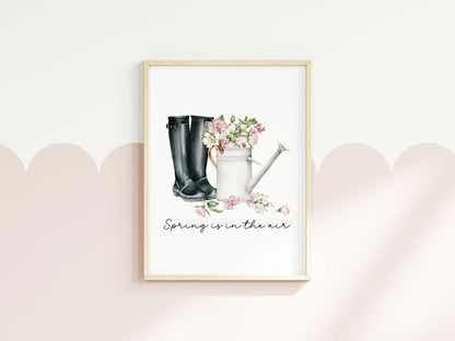 Spring print, black wellies pink blossom flowers Watercolour seasonal Art (unframed)