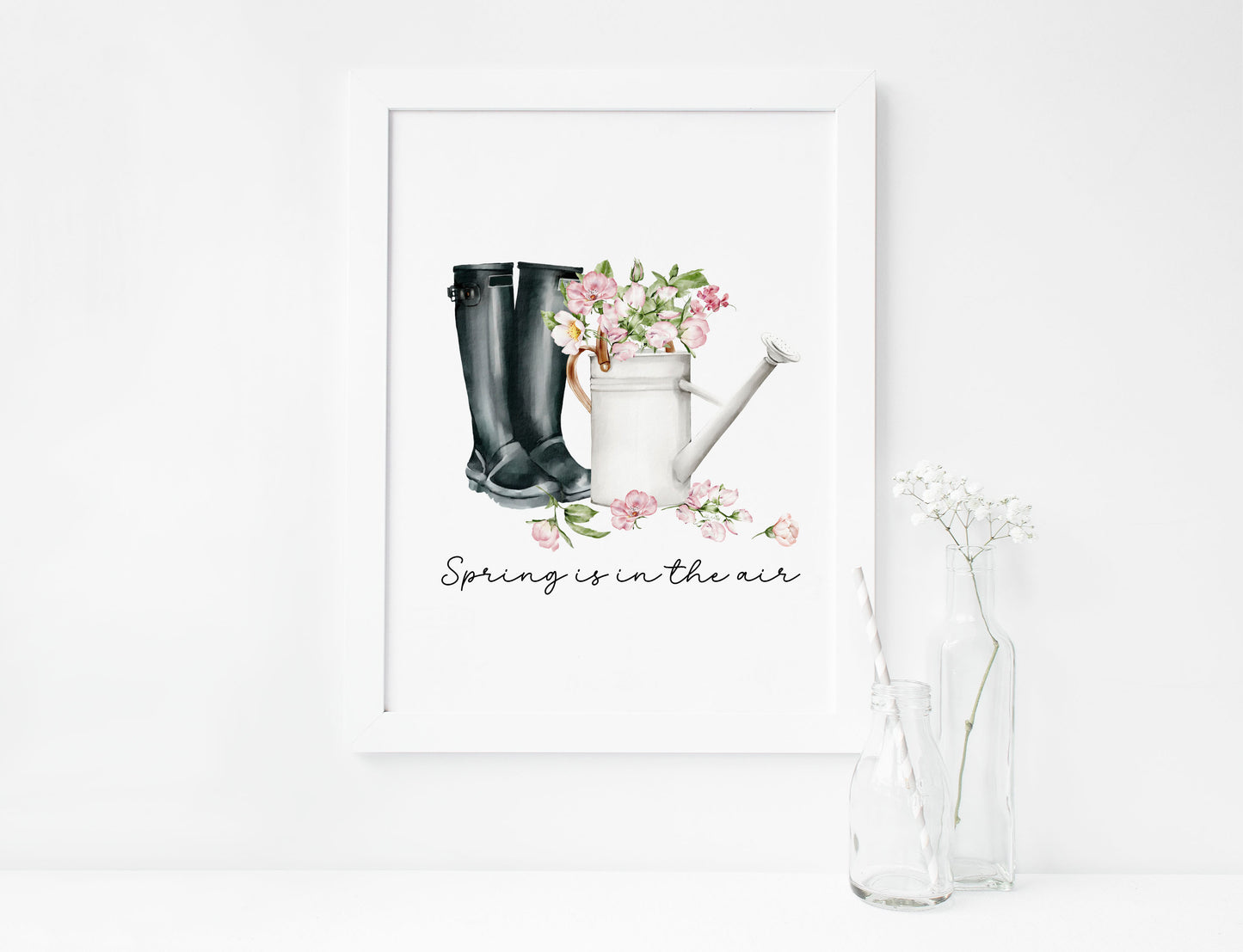 Spring print, black wellies pink blossom flowers Watercolour seasonal Art (unframed)