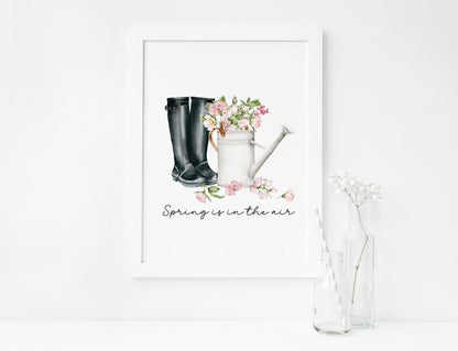Spring print, black wellies pink blossom flowers Watercolour seasonal Art (unframed)