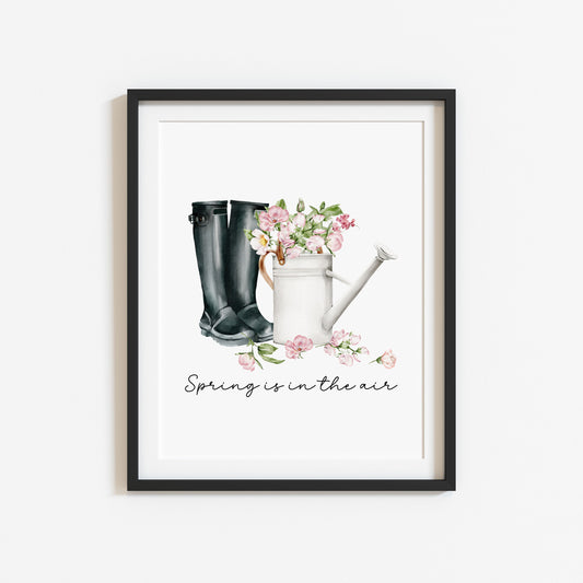 Spring print, black wellies pink blossom flowers Watercolour seasonal Art (unframed)
