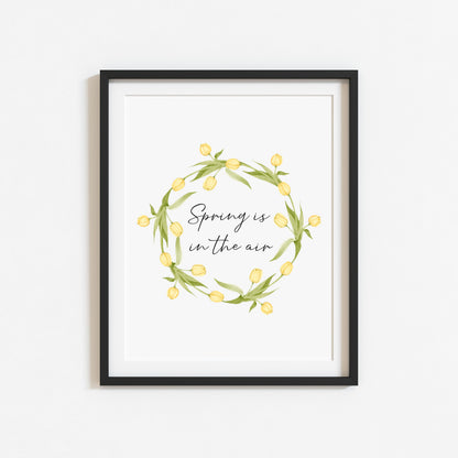 Spring Is In The Air Wall Art Print, Yellow Tulip Wreath home Decor (unframed)