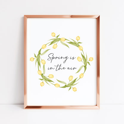 Spring Is In The Air Wall Art Print, Yellow Tulip Wreath home Decor (unframed)