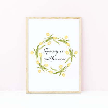 Spring Is In The Air Wall Art Print, Yellow Tulip Wreath home Decor (unframed)