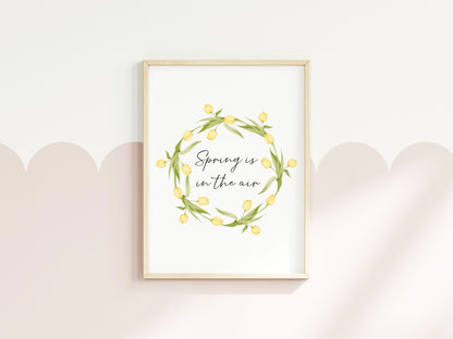 Spring Is In The Air Wall Art Print, Yellow Tulip Wreath home Decor (unframed)