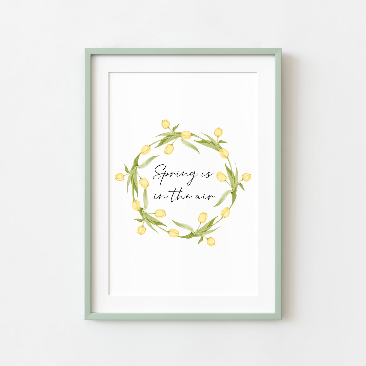 Spring Is In The Air Wall Art Print, Yellow Tulip Wreath home Decor (unframed)