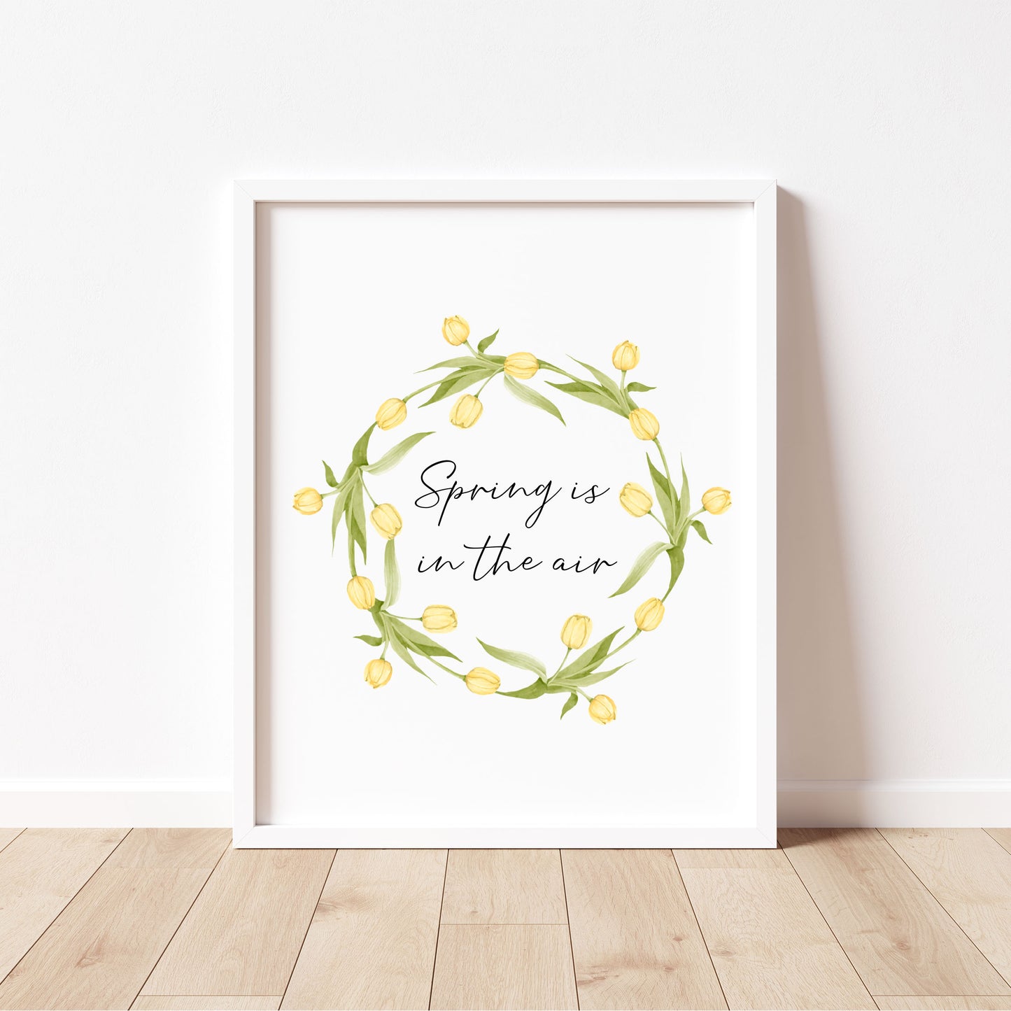Spring Is In The Air Wall Art Print, Yellow Tulip Wreath home Decor (unframed)