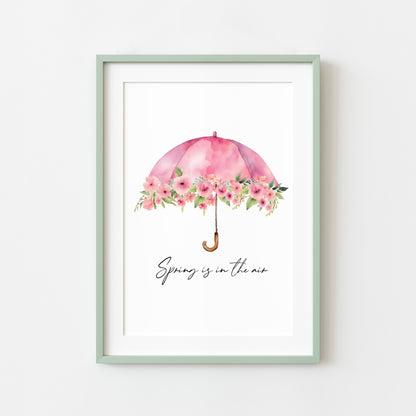 Spring is in the air pink floral umbrella watercolour seasonal home bedroom unframed wall art poster print