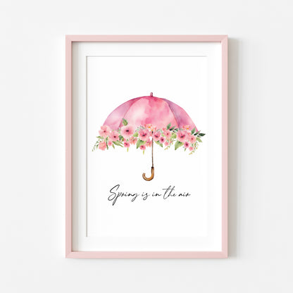 Spring is in the air pink floral umbrella watercolour seasonal home bedroom unframed wall art poster print