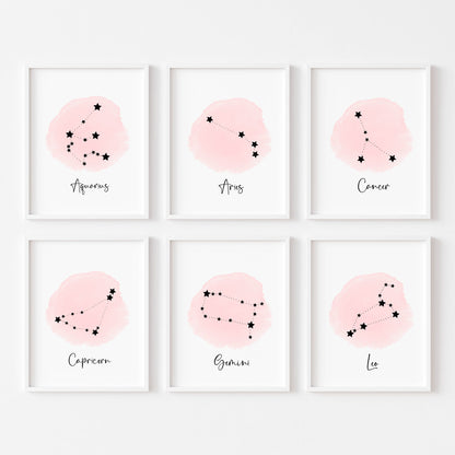 Star sign print, pink watercolour constellation star sign celestial bedroom gift unframed wall art poster print