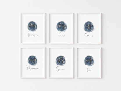 Zodiac Star Sign Print Blue Watercolour Celestial Wall Art (unframed)