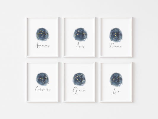 Zodiac Star Sign Print Blue Watercolour Celestial Wall Art (unframed)