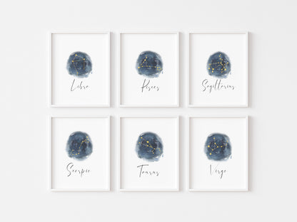 Zodiac Star Sign Print Blue Watercolour Celestial Wall Art (unframed)