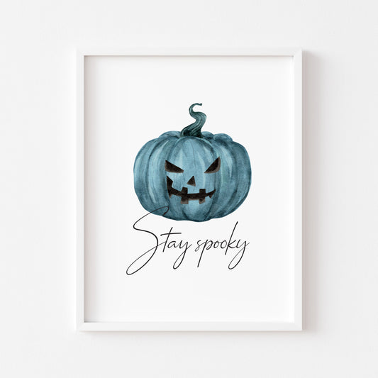 Halloween print, stay spooky, teal blue green halloween face seasonal watercolour unframed wall art poster print