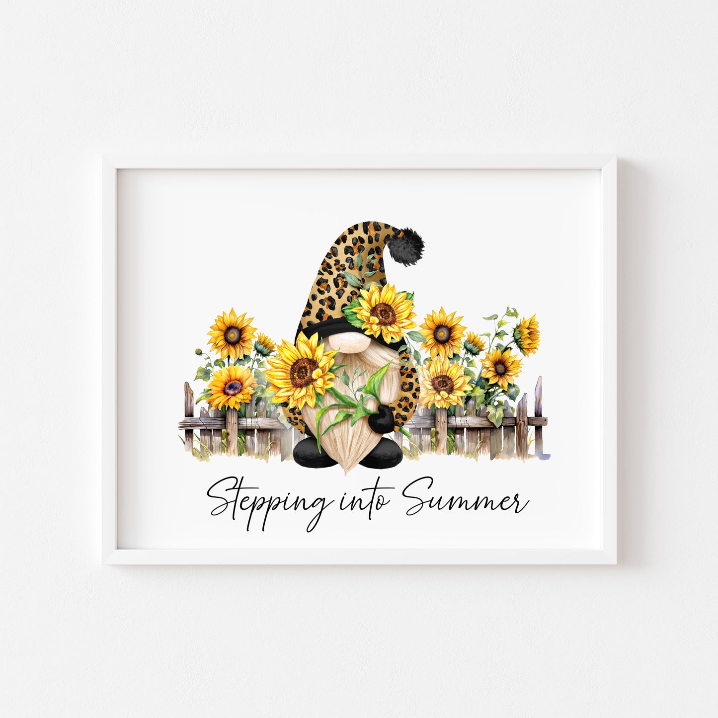 Stepping into Summer gonk leopard print gnome sunflower watercolour home gardening unframed wall art poster print