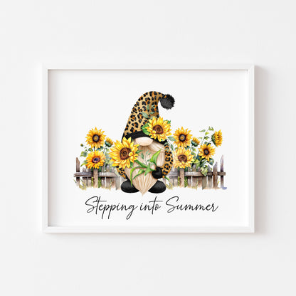 Stepping into Summer gonk leopard print gnome sunflower watercolour home gardening unframed wall art poster print