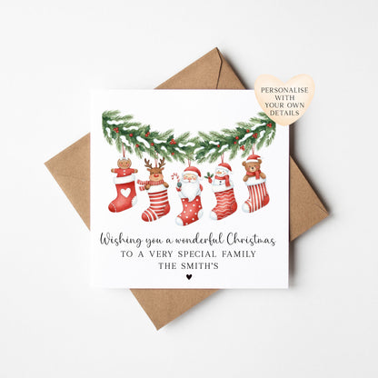 Christmas Card hanging stockings decorations, custom their family name holiday seasonal cards