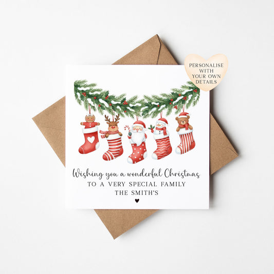 Christmas Card hanging stockings decorations, custom their family name holiday seasonal cards