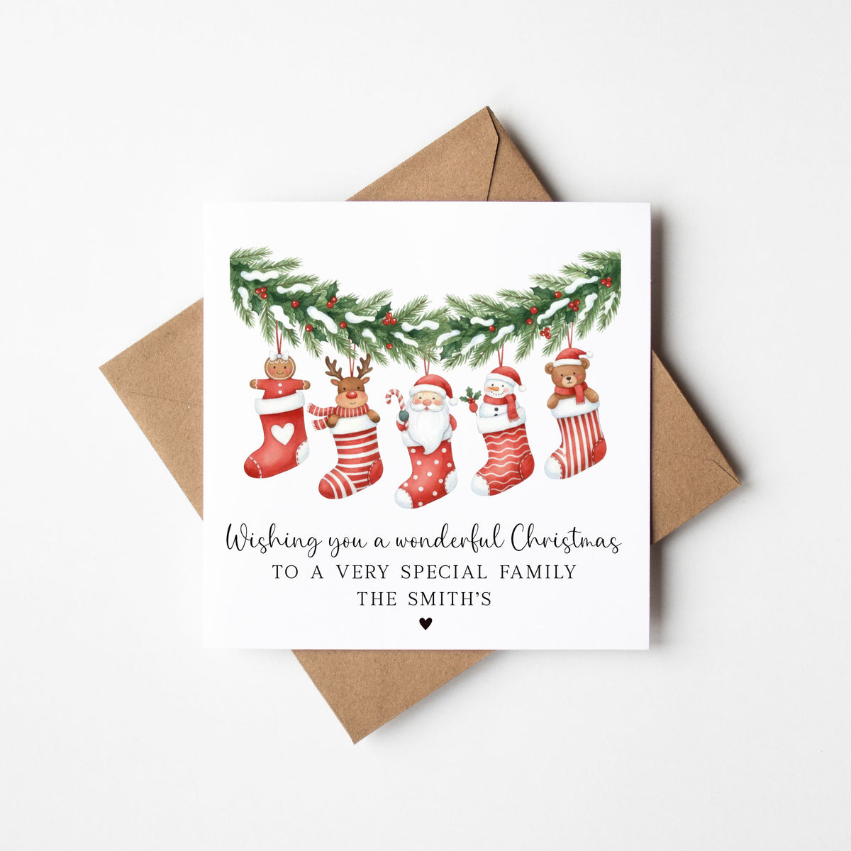 Christmas Card hanging stockings decorations, custom their family name holiday seasonal cards