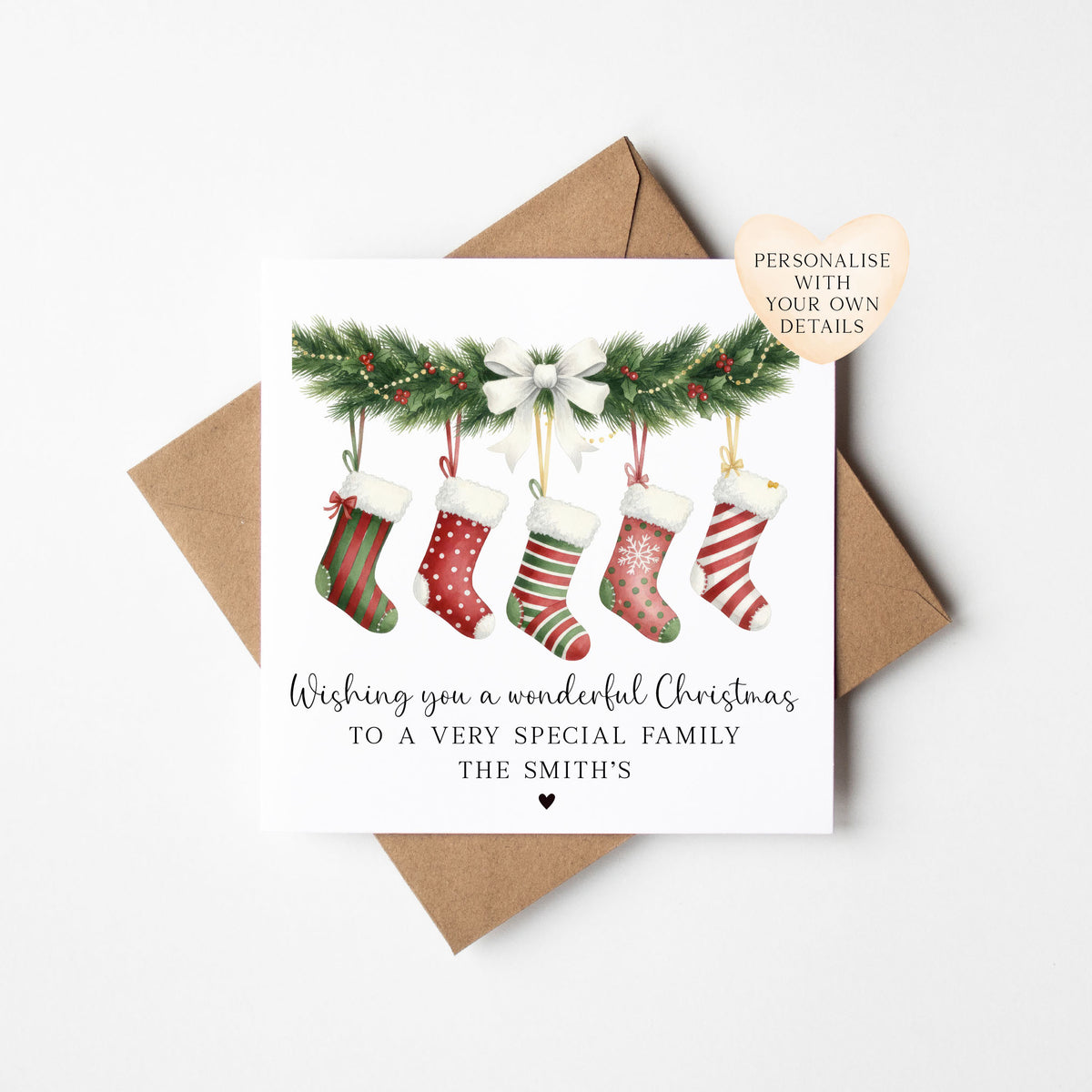 Christmas Card hanging patterned stockings wreath, custom their family name holiday cards