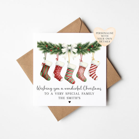 Christmas Card hanging patterned stockings wreath, custom their family name holiday cards