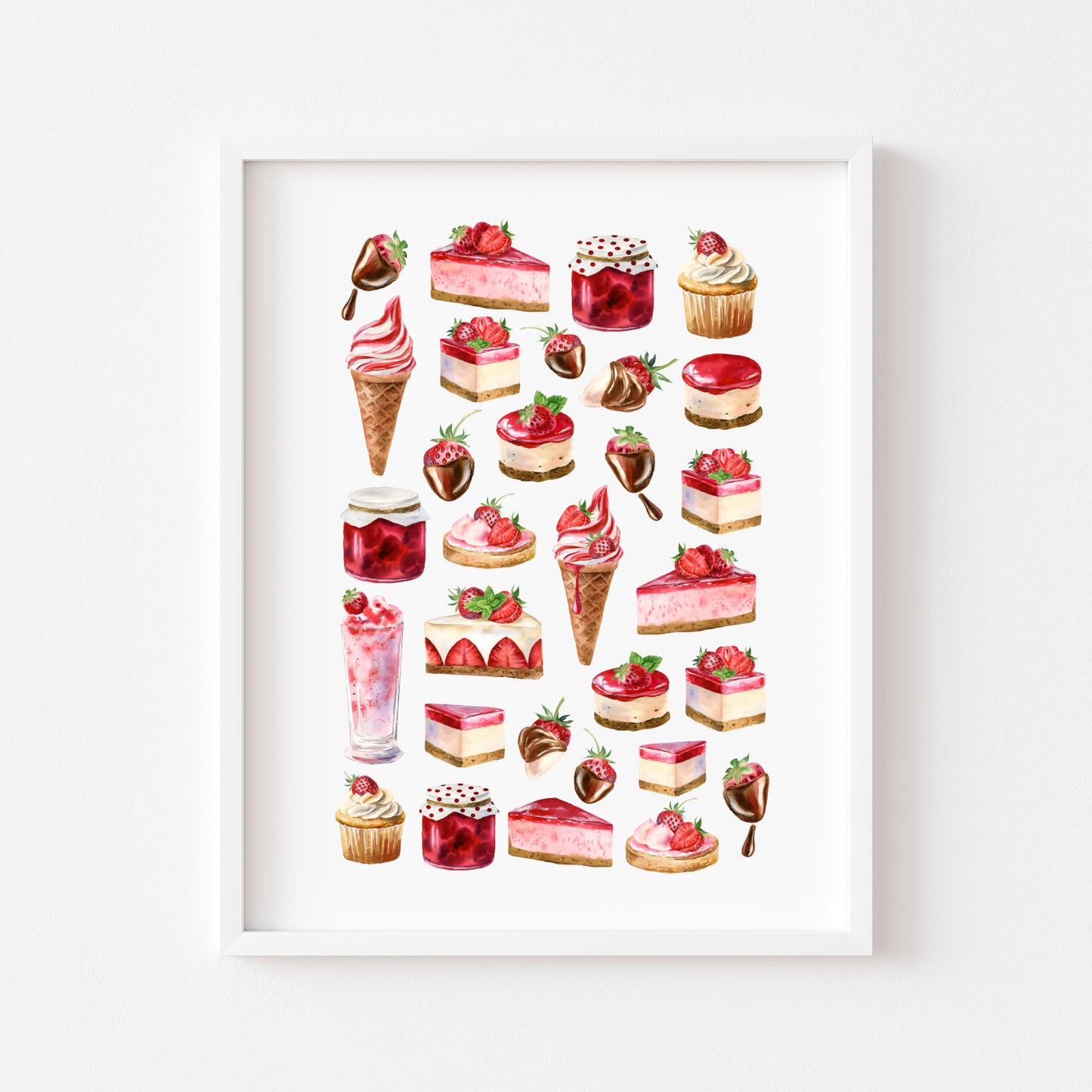 Strawberry print, watercolour seasonal summer strawberries mood board Wall Art (unframed)
