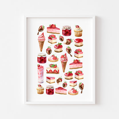 Strawberry print, watercolour seasonal summer strawberries mood board Wall Art (unframed)