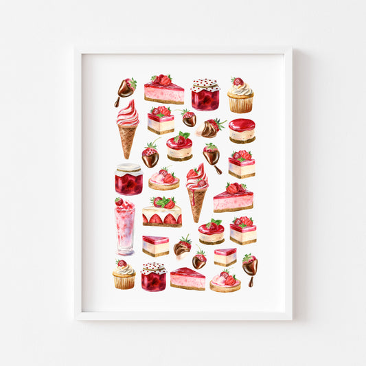 Strawberry print, watercolour seasonal summer strawberries mood board Wall Art (unframed)