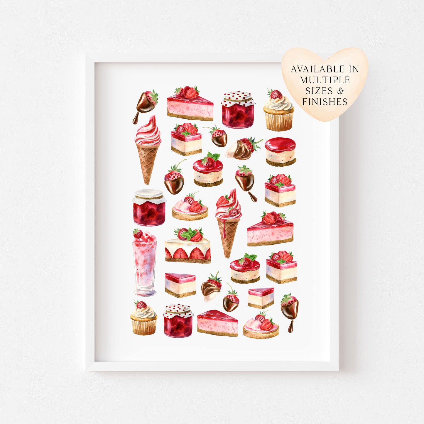 Strawberry print, watercolour seasonal summer strawberries mood board Wall Art (unframed)