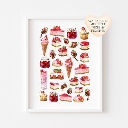 Strawberry print, watercolour seasonal summer strawberries mood board Wall Art (unframed)