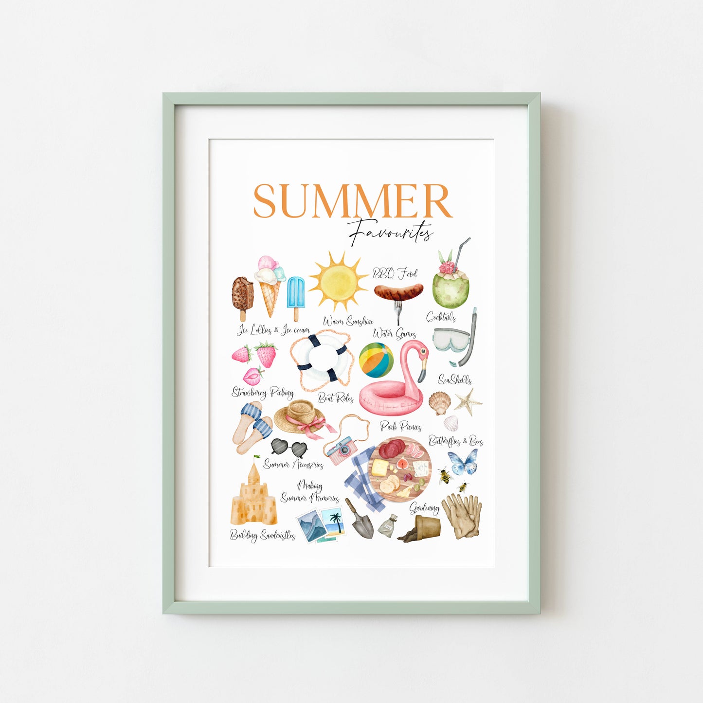 Summer favourites, summer description watercolour seasonal home bedroom unframed wall art poster print