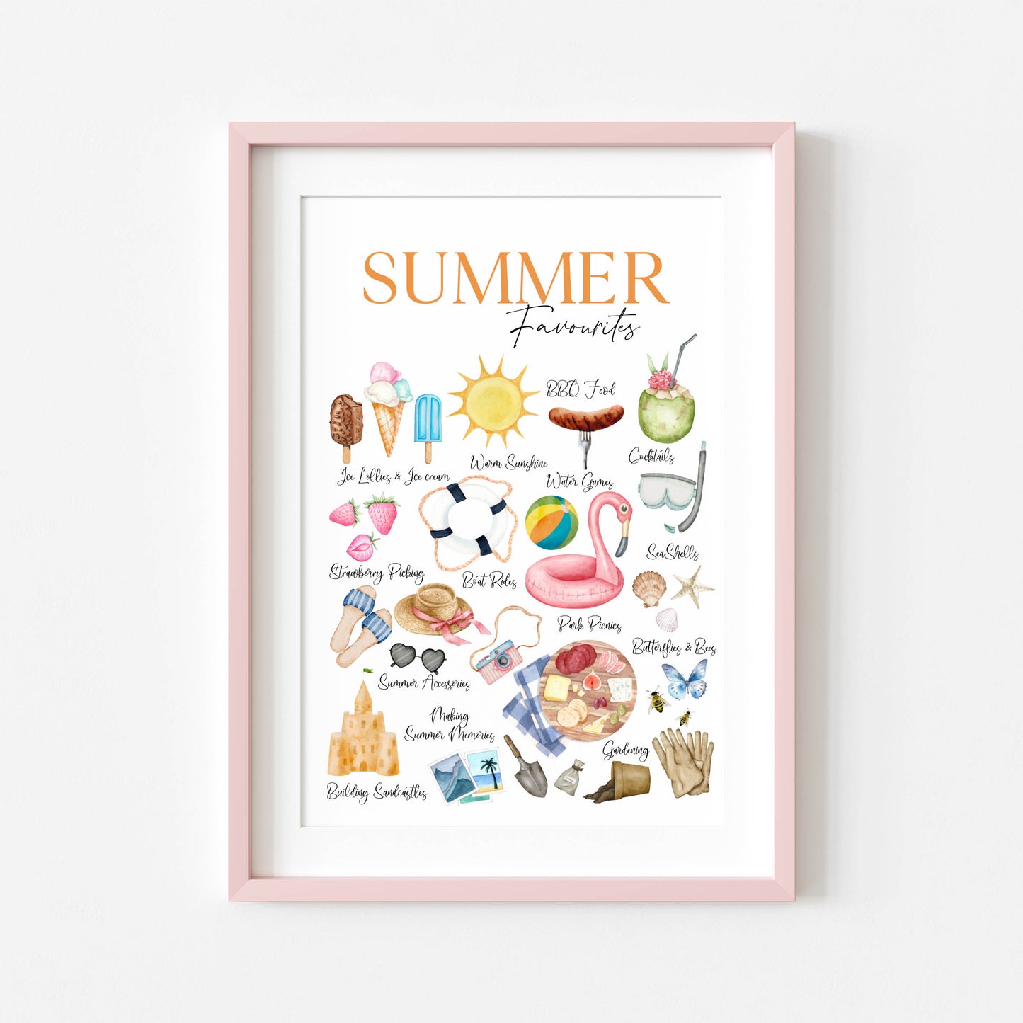 Summer favourites, summer description watercolour seasonal home bedroom unframed wall art poster print