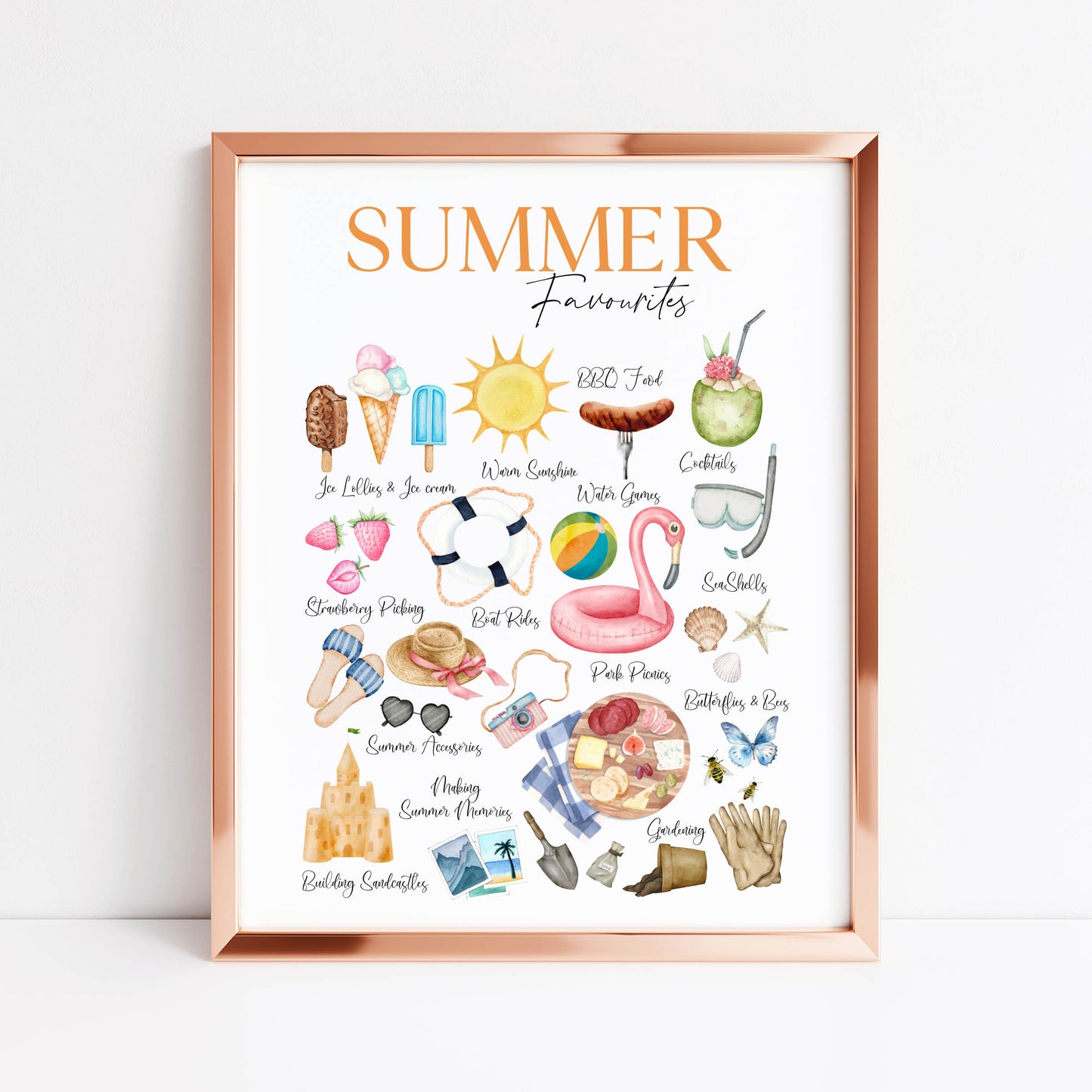 Summer favourites, summer description watercolour seasonal home bedroom unframed wall art poster print