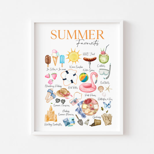 Summer favourites, summer description watercolour seasonal home bedroom unframed wall art poster print