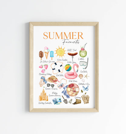 Summer favourites, summer description watercolour seasonal home bedroom unframed wall art poster print