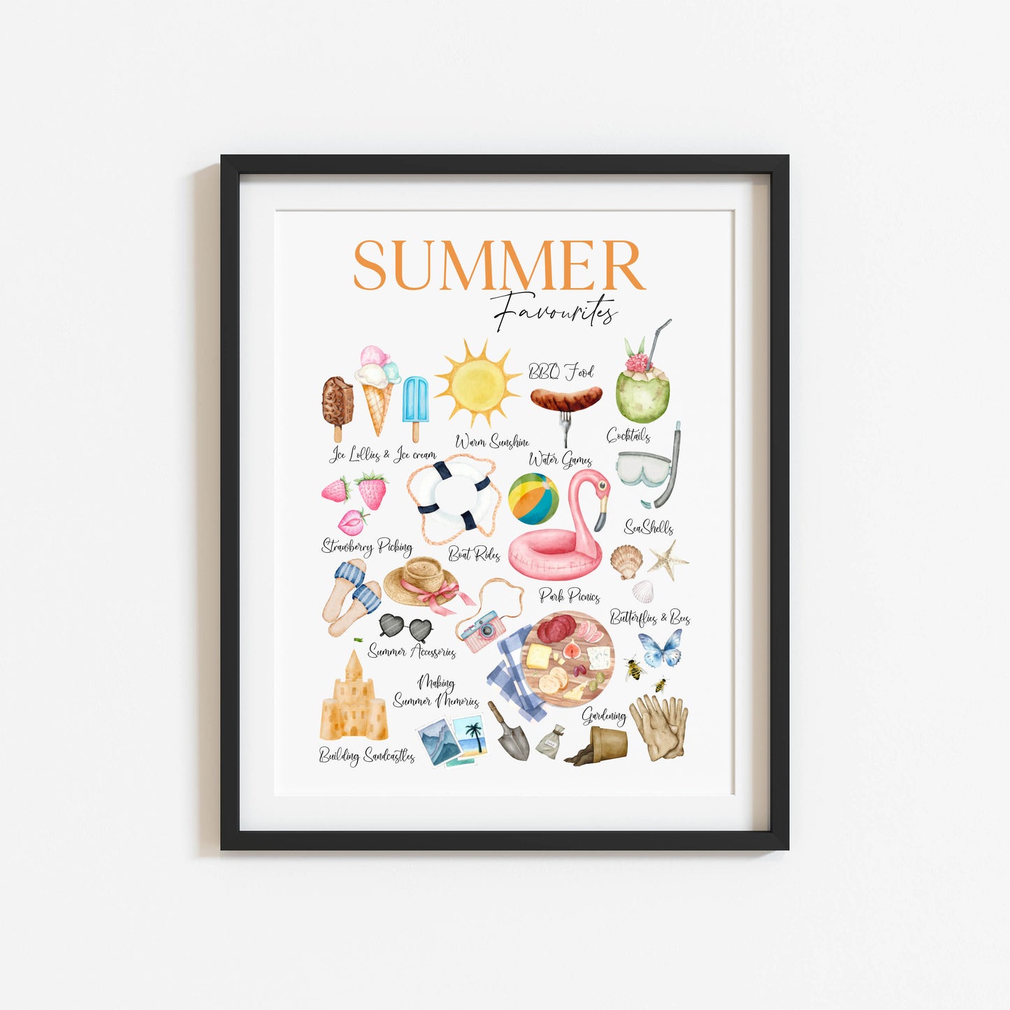 Summer favourites, summer description watercolour seasonal home bedroom unframed wall art poster print