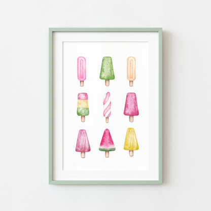 Ice lollies, Icecream summer watercolour fun illustration summer wall art unframed poster print