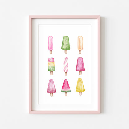 Ice lollies, Icecream summer watercolour fun illustration summer wall art unframed poster print