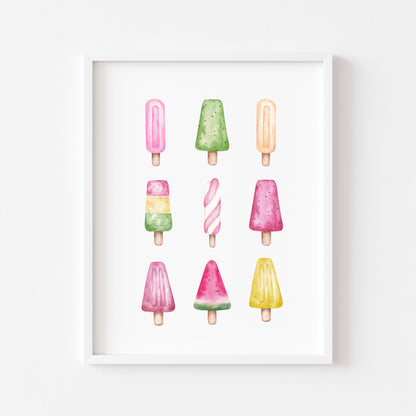 Ice lollies, Icecream summer watercolour fun illustration summer wall art unframed poster print