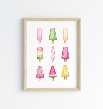 Ice lollies, Icecream summer watercolour fun illustration summer wall art unframed poster print