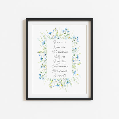 Summer print summer favourites blue wildflower watercolour wreath unframed wall art poster print