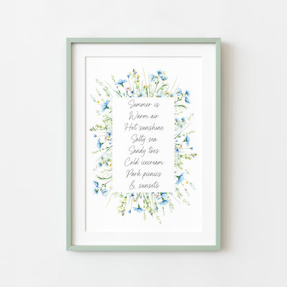 Summer print summer favourites blue wildflower watercolour wreath unframed wall art poster print
