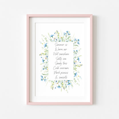 Summer print summer favourites blue wildflower watercolour wreath unframed wall art poster print