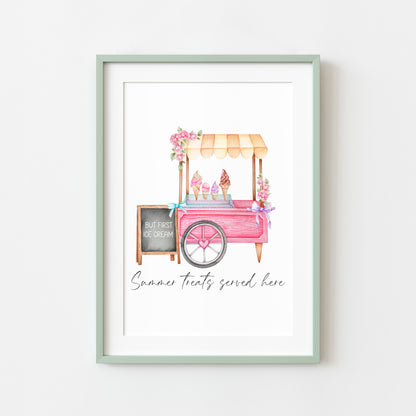 Summer treats served here ice cream truck pink art illustration unframed wall art poster print