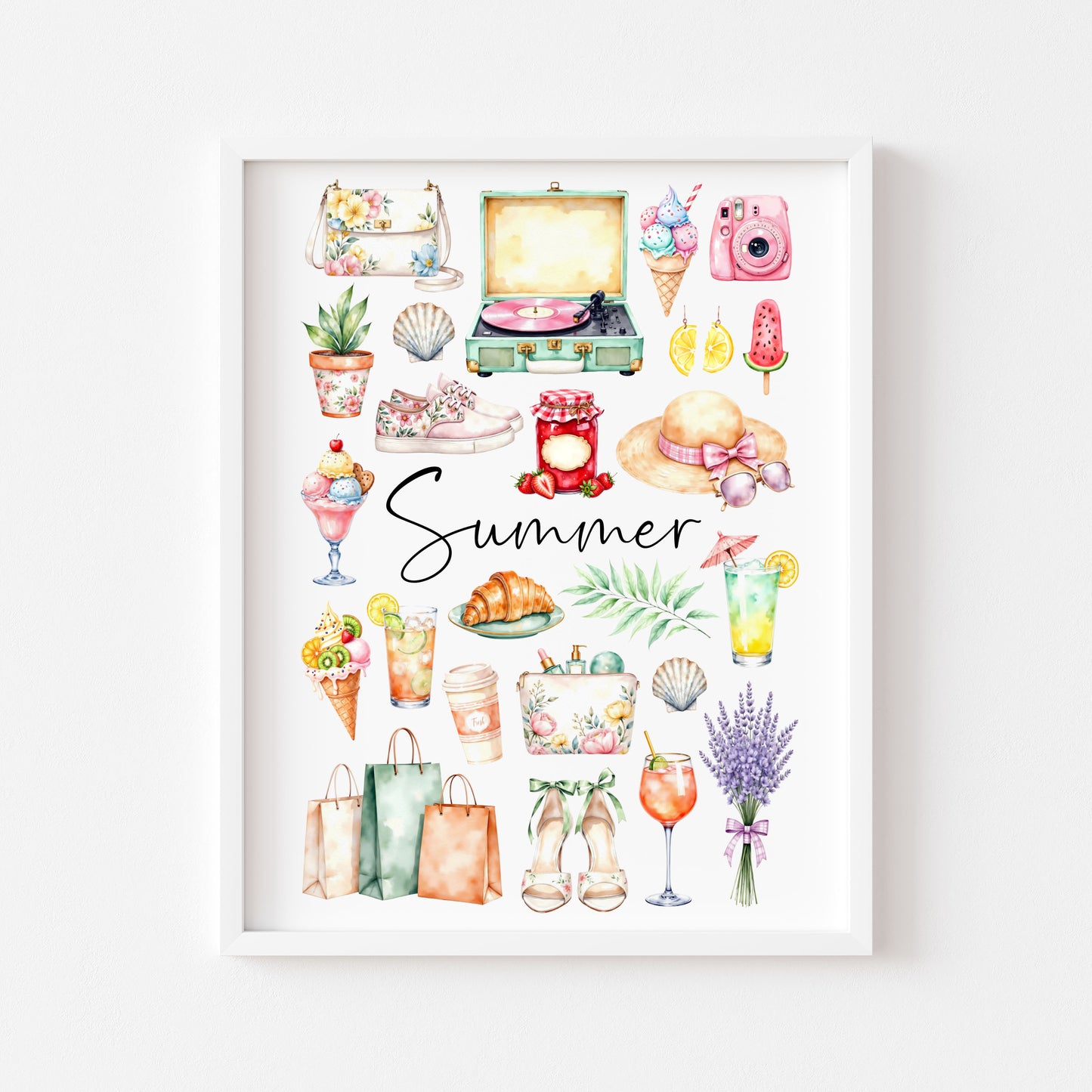 Summer print, watercolour seasonal favourites home Wall Art (unframed)