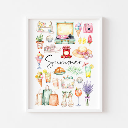 Summer print, watercolour seasonal favourites home Wall Art (unframed)
