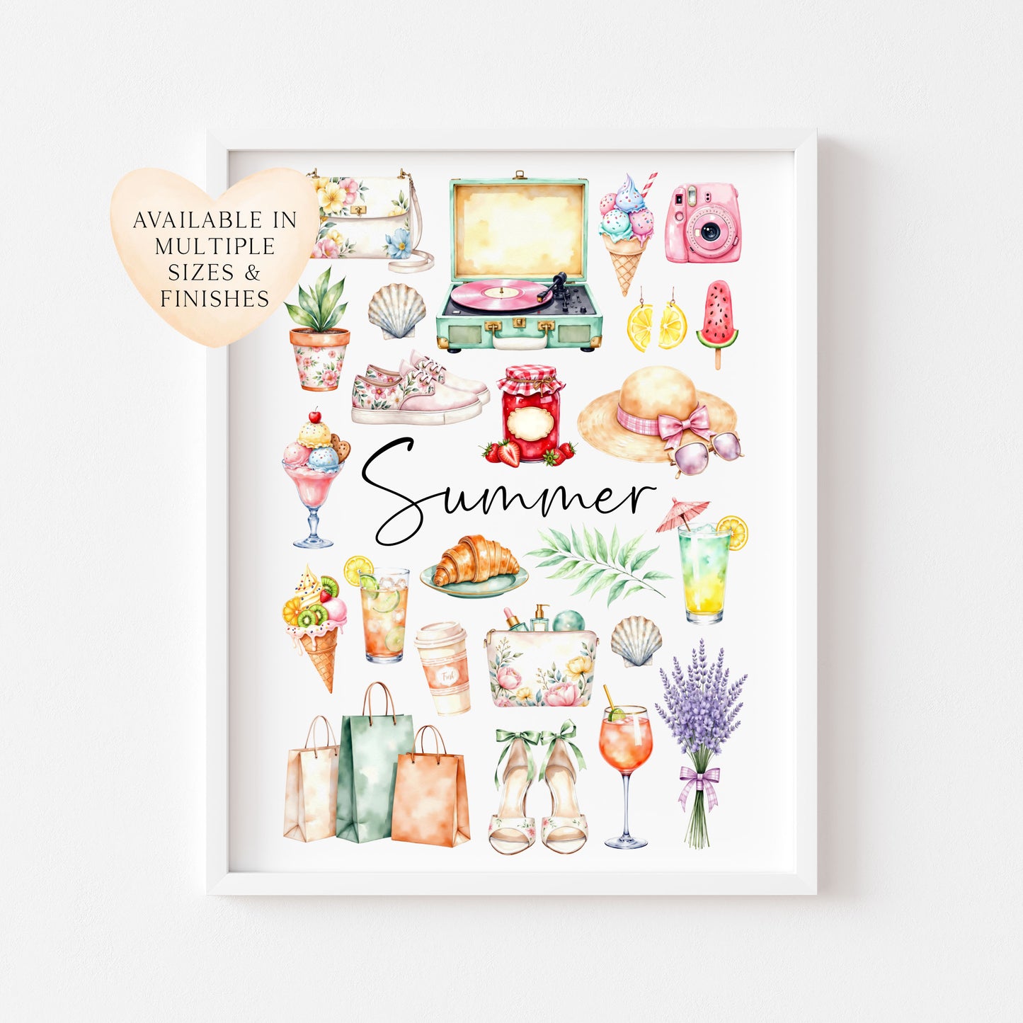 Summer print, watercolour seasonal favourites home Wall Art (unframed)