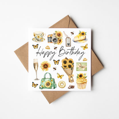 Birthday card, Happy Birthday Sunflowers yellow & beige butterflies birthday themed friends birthday card flower birthday card with envelope