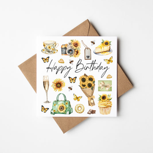 Birthday card, Happy Birthday Sunflowers yellow & beige butterflies birthday themed friends birthday card flower birthday card with envelope