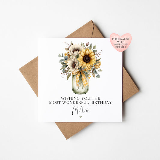 Personalised Sunflower bouquet Birthday Card for women, Mum, Daughter, friends with envelope