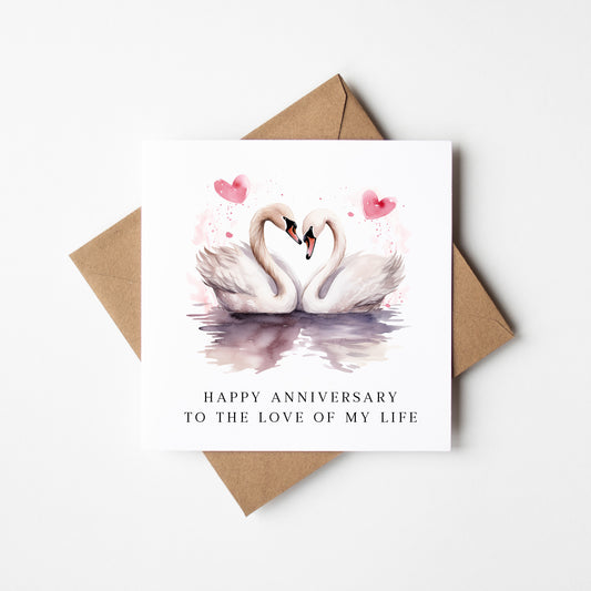 Anniversary card Swans animal couples pink love hearts with card envelope